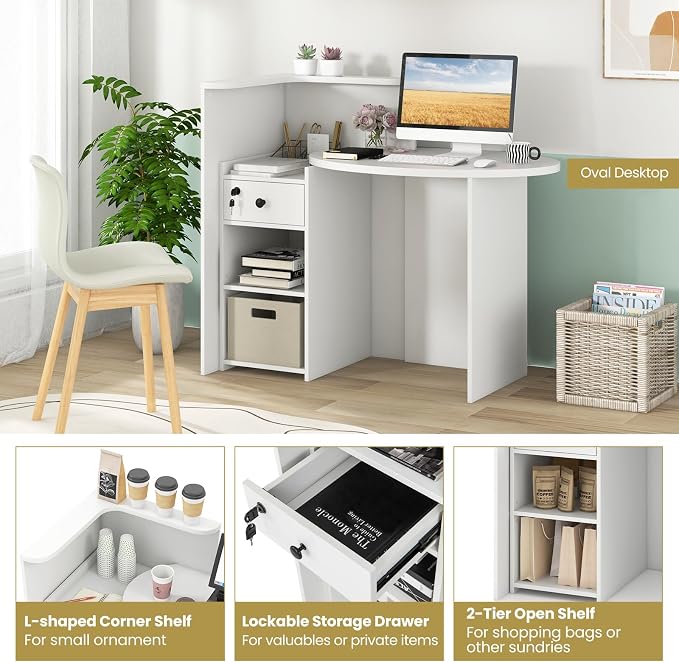Reception Desk, Retail Checkout Counter w/Lockable Drawer & Open Shelves, Computer Workstation, Small Front Desk Reception Counter for Company Lobby Store Salon Office (White)