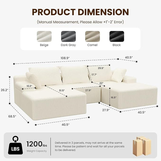 kinmars 108" Boneless Sectional Couch,Corduroy Cloud Couch Sectional for Living Room,Modern U Shaped Modular Sectional Couch,3 Seater Sofa (Beige, 108.9" U Shaped with Ottoman)