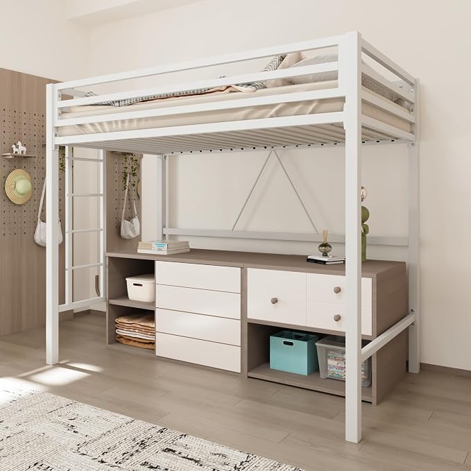 Allewie Metal Loft Bed Twin Size with Guardrail and Ladder,White | Small Space Saving Design for Bedroom Kid Room and Dorm, No Box Spring Needed