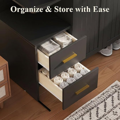 Gyfimoie Modern Wardrobe Closet with 2 Doors & 2 Drawers, 67.8" Tall Armoire Wardrobe with Open Shelves, Freestanding Wardrobe for Bedroom, Wooden Wardrobe Combination for Hanging Clothes (Black)