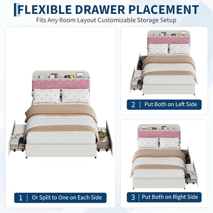 Garvee Queen Size Bed Frame for Girls, Beige & Pink Princess Style with Storage Headboard & 2 Drawers, Upholstered Platform Bed, No Box Spring Needed, Easy Assembly
