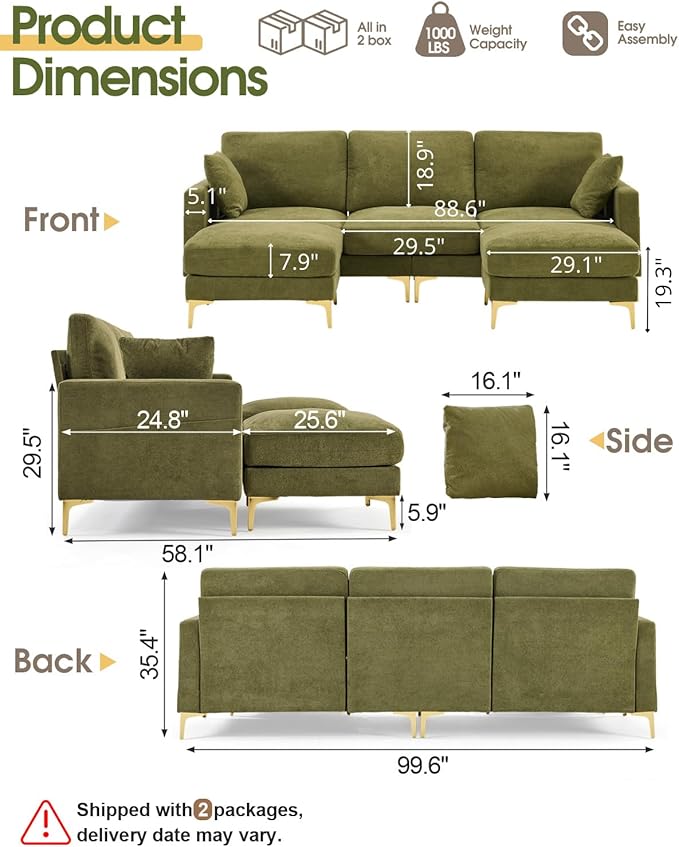 Karl home 99.6" 3-Seat U-Shaped Sectional Sofa, Green | Chenille Upholstered, 2 Movable Ottomans, Cloud-Like Seat, 2 Throw Pillows, Comfy Deep Seat, Living Room, Apartment, Office