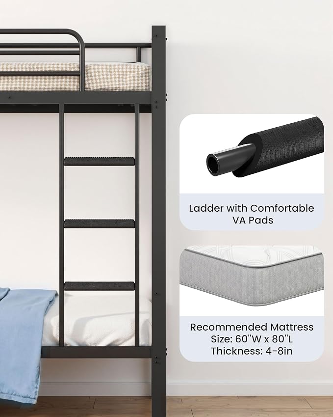 Mixcous Queen Over Queen Bunk Bed, Heavy Duty Metal Queen Bunk Bed Frame with Full-Length Guardrails & EVA Anti-Slip Ladder for Adults, Noise-Free, No Box Spring Needed, Black