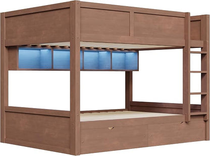 Wood Bunk Bed Full XL over Full XL Size with Built-in Storage Cabinets, 2 Drawers and LED Light, Versatile Bunk Bed Frame with Ladder and Guardrail for Kids Teens Adult, Maximize Space (Brown-1.13)