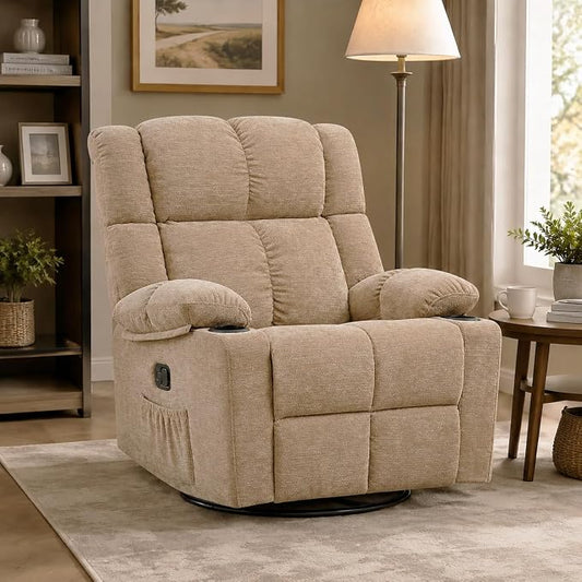 Swivel Rocker Recliner,Rocking Recliner with Adjustable Headrest | Upholstered Fabric Swivel Rocking Chair for Bedroom,Living Room,Brown