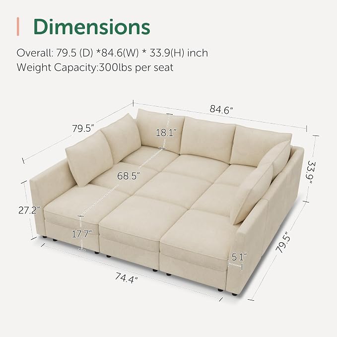 HONBAY Modular Sectional Sleeper Sofa with Storage, Modular Convertible Sectional Couch Bed Module Sleeper Couches for Living Room - Beige