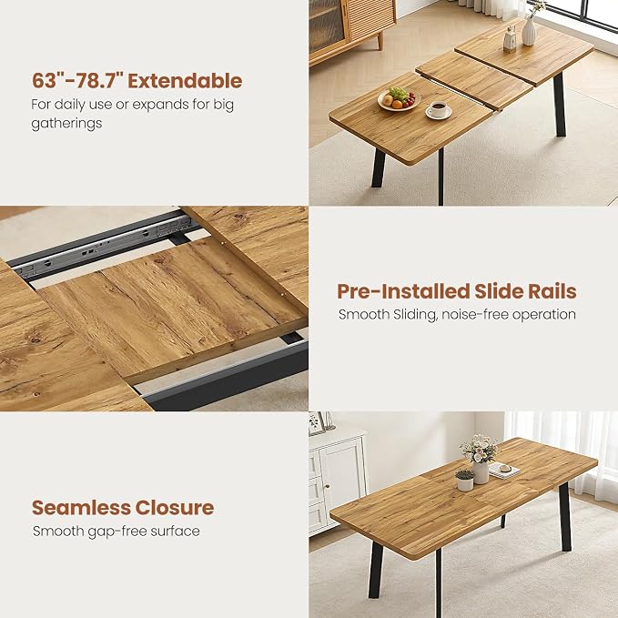 Extendable Dining Table Set for 6 to 8 People, 63" to 78.7" Modern Kitchen Table Set with 6 Chairs, MDF Dining Room Table and Chairs with Removable Extension Leaf (Walnut Table+U-Shaped Grey Chairs)