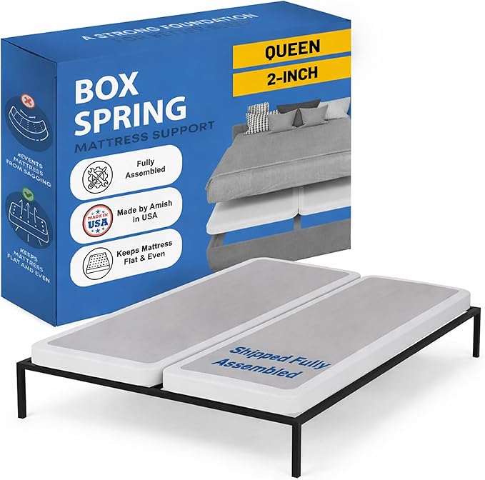 Greaton, Box Spring Bed Base Queen Size, 2-Inch Wood Mattress Foundation - Amish Made in USA – Quiet Noise Free, 2-Pieces Under Mattress-Support BoxSpring, Fully Assembled, White