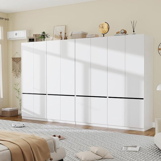 White Armoire Wardrobe Closet: 74" Wooden Wardrobe Closet with 8 Doors, Bedroom Armoires with Hanging Rod, Tall Closets Cabinet for Hanging Clothes (126")