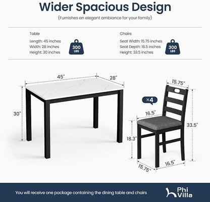 PHI VILLA Solid Wood Dining Table Set for 4, Marble Design Kitchen Table Chairs Set of 4, 5 Piece Space-Saving Dining Room Table Set for Apartment, Venatino White Marble& Black