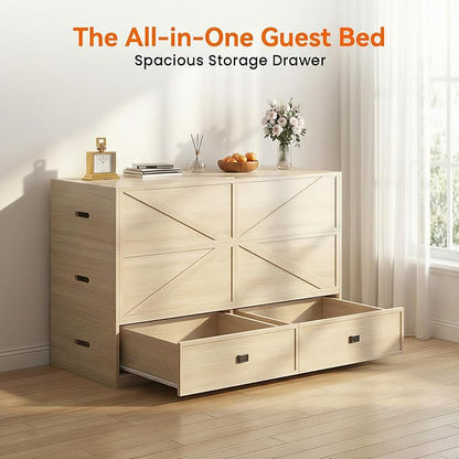 CECER 3-in-1 Queen Murphy Bed with Mattress for Small Space -Natural Wood | Multi-Functional Desgin that Converts to Sofa Set，Bed and Cabinet，Easy Assemble ＆ Conversion