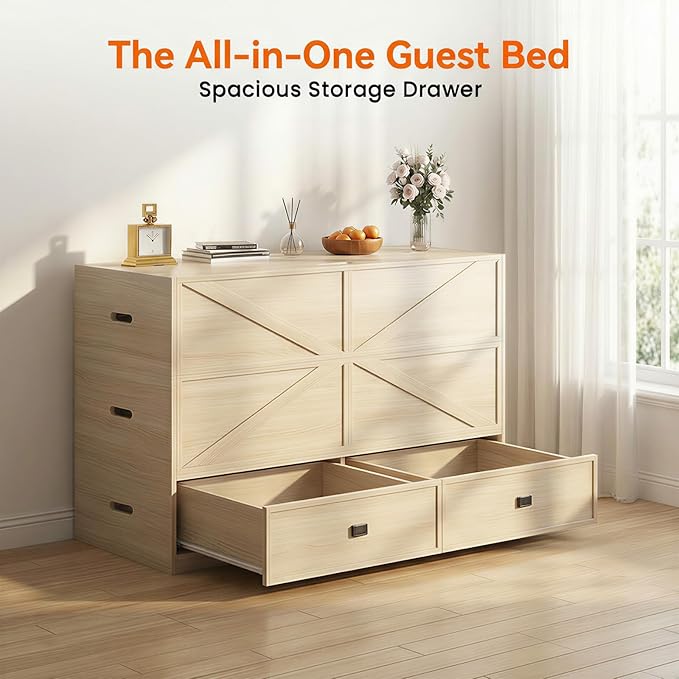 CECER 3-in-1 Full Murphy Bed with Mattress for Small Space -Natural Wood | Multi-Functional Desgin that Converts to Sofa Set，Bed and Cabinet，Easy Assemble ＆ Conversion