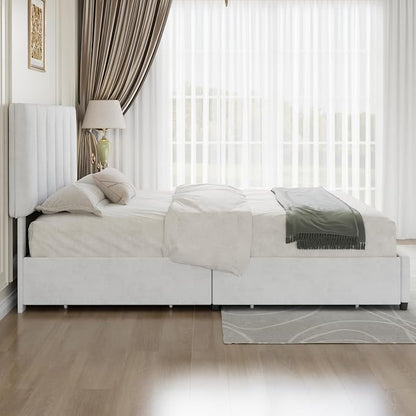 VECELO Queen Size Bed Frame with 4 Storage Drawers, Adjustable Height Headboard, Heavy-Duty Platform Bedframe with Strong Wooden Slats, No Box Spring Needed, Pure White