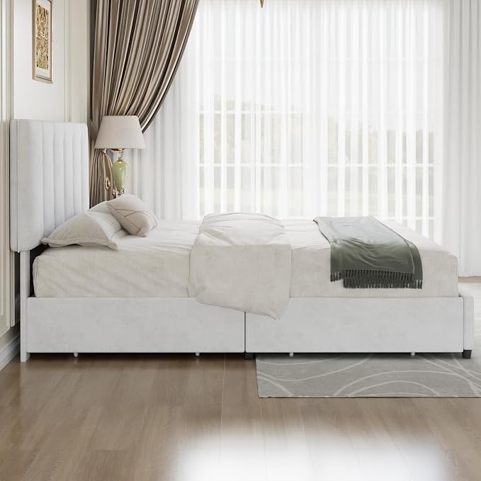 VECELO Full Size Bed Frame with 4 Storage Drawers, Adjustable Height Headboard, Heavy-Duty Platform Bedframe with Strong Wooden Slats, No Box Spring Needed, Pure White