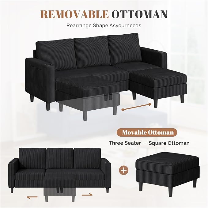 Luxanimarion Upholstered Sectional Sofa and Couches, 78'' L Shaped 3-seat Sofa forLiving Room, Apartment,Lounge,Bedroom-Washable Covers Convertible Sofas(Corduroy Fabric,Black)