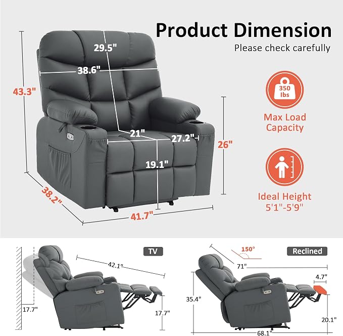 MCombo Oversized Power Lift Recliner Chair with Extended Footrest, Extra Wide for Big and Tall Elderly People, Faux Leather R7289 (Dark Grey, Medium-Wide)