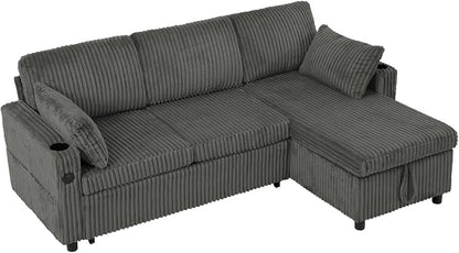 84" Corduroy Pull Out Sofa Bed w/Adjustable Backrests, Sectional L-Shape Sleeper Sofa w/Storage Chaise, Convertible Couch Bed w/USB Charging Port & Cup Holders for Living Room, House, Grey