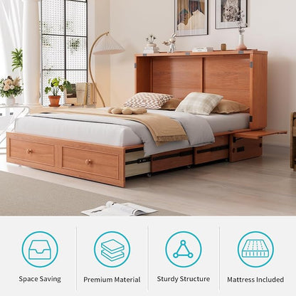 CECER Cherry Murphy Bed Cabinet with Mattress, Space-Saving Folding Bed