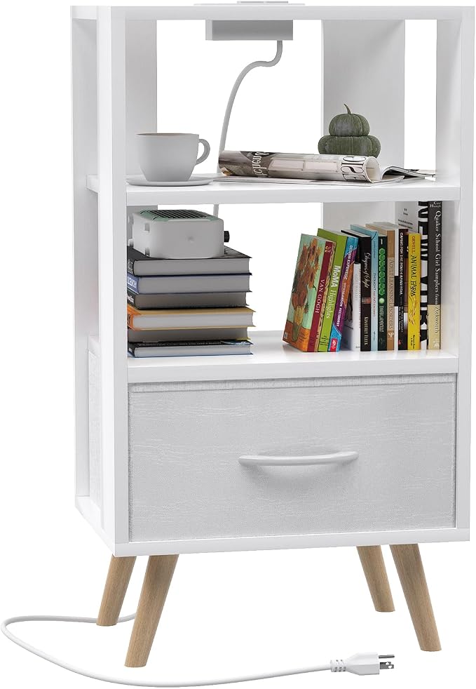 Aenuert Night Stand with Charging Station, White Nightstand with Drawer, 3-Tier Wooden Bedside Table with USB Ports and Outlets, End Table for Small Space, Living Room, Bedroom