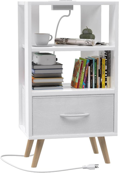 Aenuert Night Stand with Charging Station, White Nightstand with Drawer, 3-Tier Wooden Bedside Table with USB Ports and Outlets, End Table for Small Space, Living Room, Bedroom