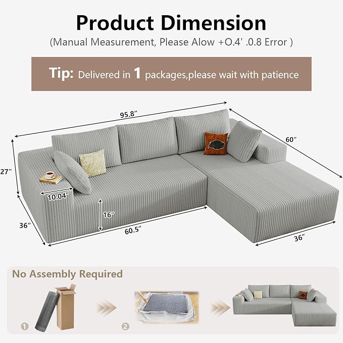 95" Cloud Sectional Couch with L-Shape Chaise, Modular Comfy Sofa Chaise Longue, Upholstered Corduroy Couches Sleeper with Deep Seat for Living Room, No Assembly Required(Light Grey, Right Facing)