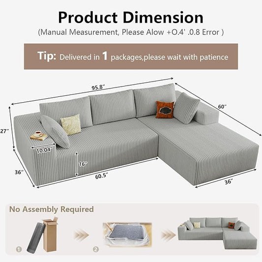 95" Cloud Sectional Couch with L-Shape Chaise, Modular Comfy Sofa Chaise Longue, Upholstered Corduroy Couches Sleeper with Deep Seat for Living Room, No Assembly Required(Light Grey, Right Facing)