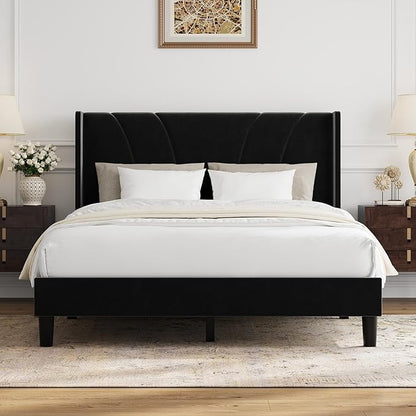 Novilla Full Size Bed Frame, Full Bed Frame with Headboard, Velvet Upholstered Wing Side Headboard, No Box Spring Needed, Heavy Duty Feet, Easy Assembly, Black Velvet