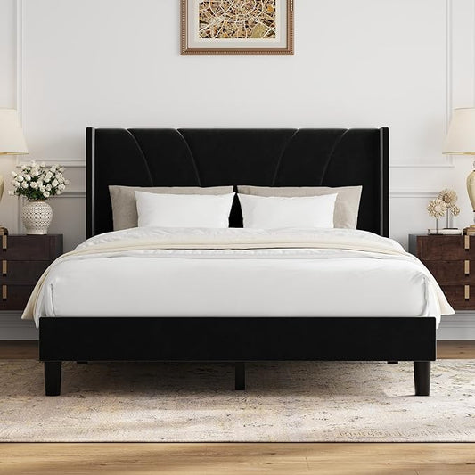 Novilla Full Size Bed Frame, Full Bed Frame with Headboard, Velvet Upholstered Wing Side Headboard, No Box Spring Needed, Heavy Duty Feet, Easy Assembly, Black Velvet