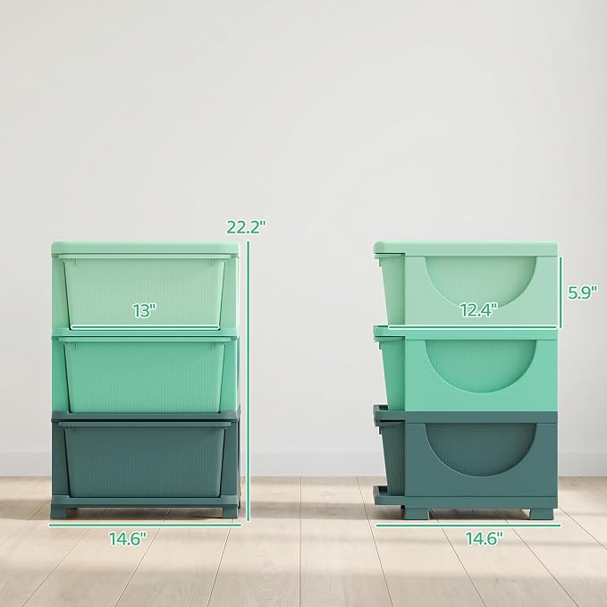 Qaba 3 Drawers Kids Storage Unit, 3 Tier Stackable Toy Organizers and Storage Chest for Bedroom, Nursery, Playroom, Living Room, Boys, Girls, Toddlers, Green