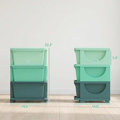 Qaba 3 Drawers Kids Storage Unit, 3 Tier Stackable Toy Organizers and Storage Chest for Bedroom, Nursery, Playroom, Living Room, Boys, Girls, Toddlers, Green