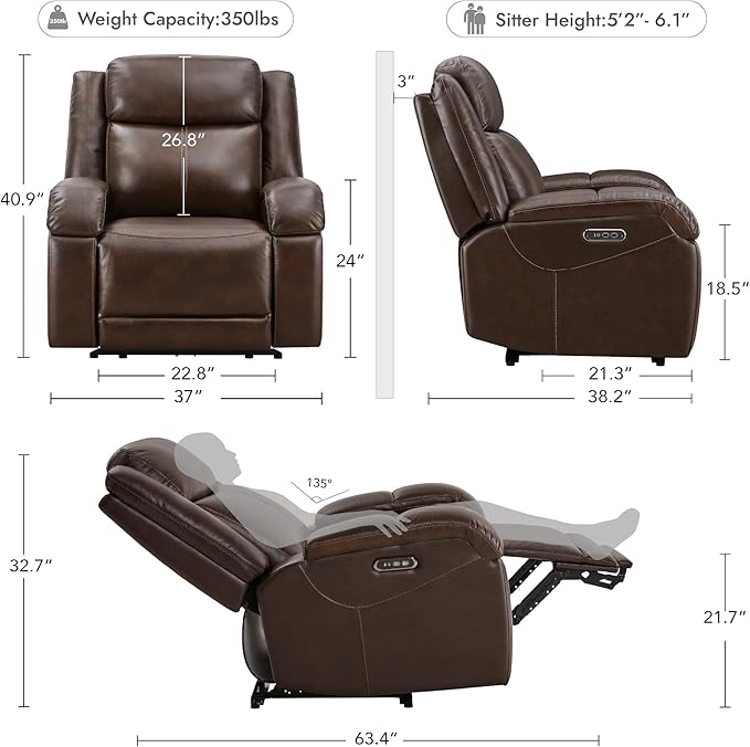 Watson & Whitely Genuine Leather Power Recliner Chairs for Adults, Wall Hugger RV Recliner with Power Headrest & Charging Ports, Electric Recliner Sofa Chair for Living Room, Dark Brown