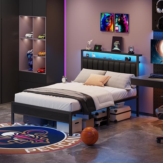 Furnulem Queen Size Bed Frame with Charging Station and LED Lights, Platform Bed with Metal Slats, Grey Upholstered Headboard with 2-Tier Storage Shelves, No Box Spring Needed