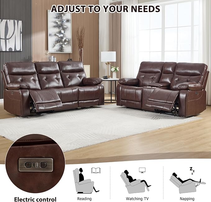 CANMOV Genuine Leather Power Reclining Sofa Set, Power Recliner Sofa and Loveseat Set, 2 Pieces Leather Couch with Storage Console, USB Ports, Cup Holders for Living Room,Dark Brown