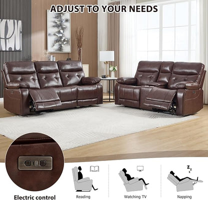 CANMOV Genuine Leather Power Reclining Sofa Set, Power Recliner Sofa and Loveseat Set, 2 Pieces Leather Couch with Storage Console, USB Ports, Cup Holders for Living Room,Dark Brown
