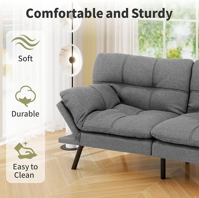 Vipbear 71" Futon Sofa Bed - Convertible Sofa Beds/Adjustable Backrest & Armrest, Comfy Loveseat Sleeper for Small Spaces, Apartments & Offices,Linen Fabric Medium Grey Futons