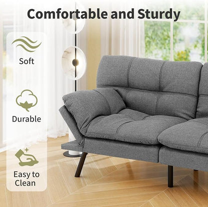 Vipbear 71" Futon Sofa Bed - Convertible Sofa Beds/Adjustable Backrest & Armrest, Comfy Loveseat Sleeper for Small Spaces, Apartments & Offices,Linen Fabric Medium Grey Futons