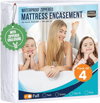 Utopia Bedding Mattress Protector Zippered Full Size Size (Pack of 4), 100% Waterproof Bed Bug and Dust Mite Proof Mattress Encasement, Absorbent 6 Sided Mattress Cover