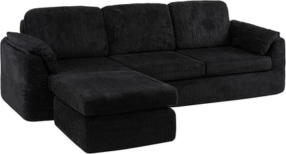Sectional Couches for Living Room Cloud Couch with Ottoman, Upholstered Boneless Couches Modern Modular L Shaped Couch 3 Seater Sofa, No Assembly, Washable Covers, Black