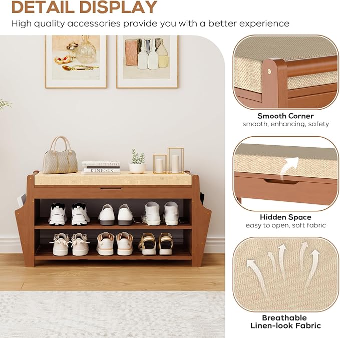 oakvivo 34.3in Shoe Bench, Bamboo 3-Tier Entryway Bench with Storage, Shoe Rack Organizer Holds Up to 330 lb, 34.3 x 11.8 x 18.9 Inches for Entryway Bedroom Closet Living Room Hallway
