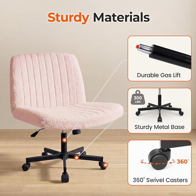 Orange Factory Criss Cross Chair Wheels Vanity Chair Office Desk Comfy Wide Cross Legged Armless Teddy Fabric Adjustable Swivel for Home Computer Task (Pink, Teddy Fleece)
