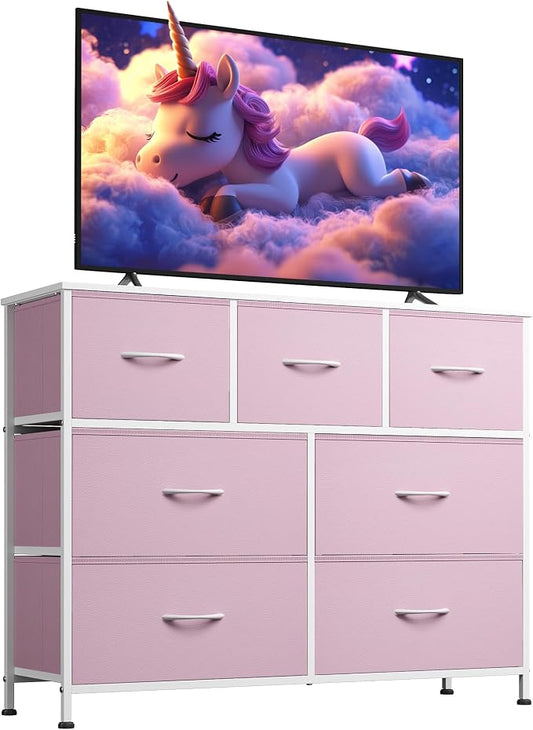 WLIVE 7 Drawer Dresser TV Stand, Entertainment Center, Media Console Table with Metal Frame and Wood Top for TV up to 45 inch, Chest of Drawers for Bedroom, Living Room, A-Pink