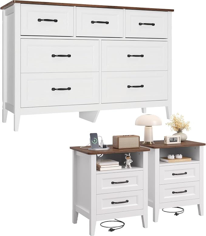 Gizoon 3 Piece Bedroom Furniture Set, 7 Modern Farmhouse DrawerDresser and 2 Nightstands with Charging Station