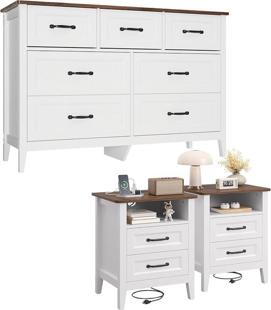 Gizoon 3 Piece Bedroom Furniture Set, 7 Modern Farmhouse DrawerDresser and 2 Nightstands with Charging Station