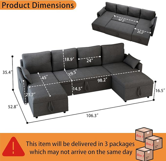 L Shaped Sleeper Sofa Bed with Storage: 106" Grey L Shaped Couch with Pull Out Bed, Queen Size Corner Sectional Couch with Storage Chaise, Convertible Sofa Beds Space Saving | Linen