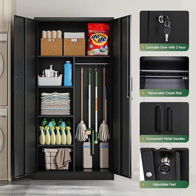 Letaya Metal Storage Cabinets Locker with Lock Door, 72'' Clothing Coat Steel Storage Freestanding Wardrobe for Office, Home, School, Employee,Gym,Fire Department (Black)