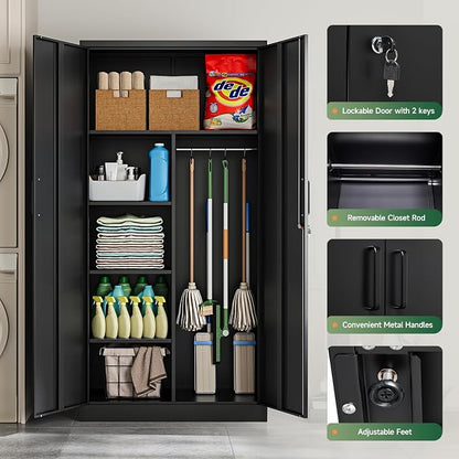 Letaya Metal Storage Cabinets Locker with Lock Door, 72'' Clothing Coat Steel Storage Freestanding Wardrobe for Office, Home, School, Employee,Gym,Fire Department (Black)