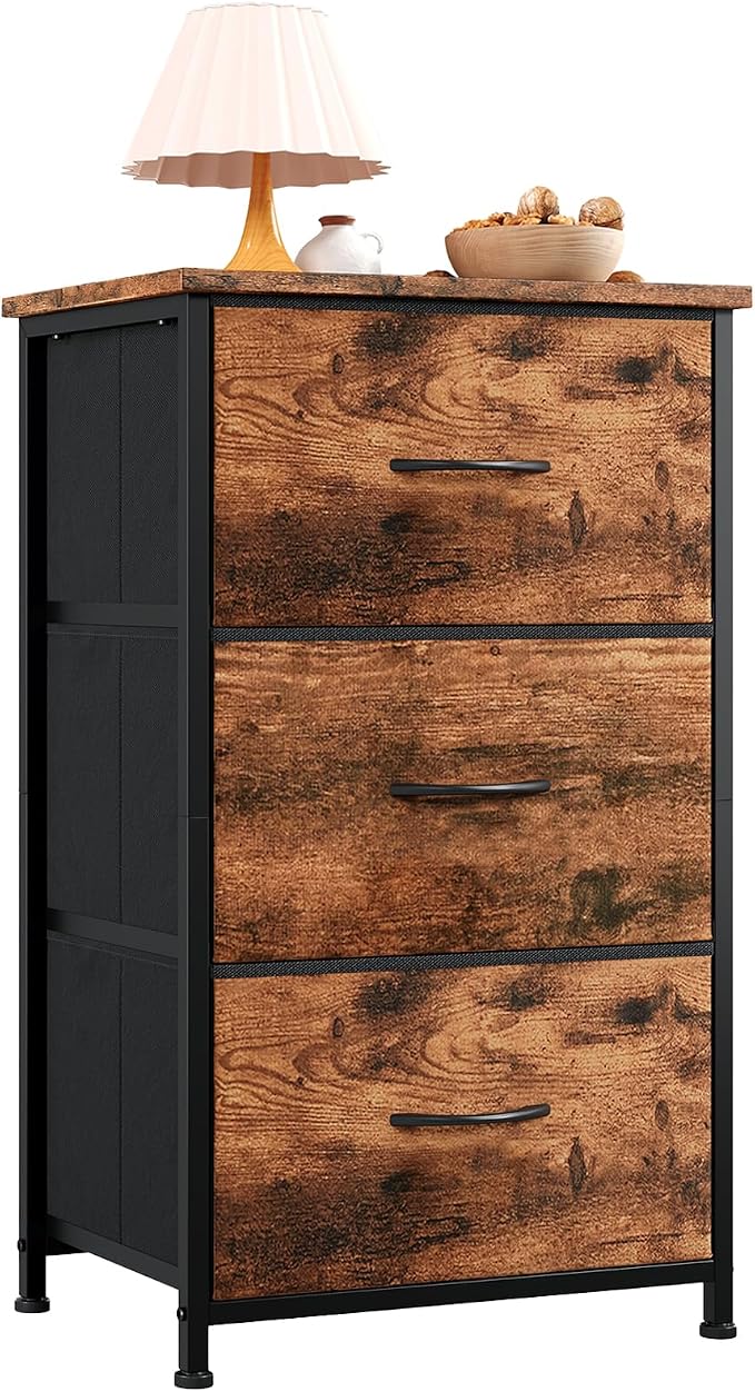 Somdot Dresser for Bedroom with 3 Drawers, Storage Organizer Chest of Drawers with Removable Fabric Bins for Closet Bedside Living Room Laundry Entryway Hallway, Wood Grain Print