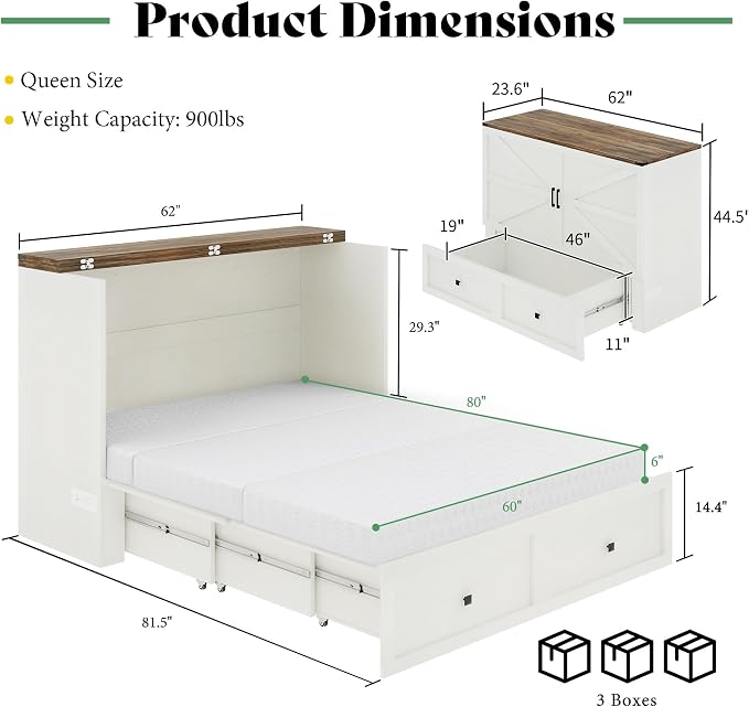 AMERLIFE Queen Murphy Bed Cabinet with 6" Tri-Fold Memory Foam Mattress, Storage Drawer & Charging Station, Space-Saving Guest Bed for Home Office, Distressed White