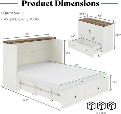 AMERLIFE Queen Murphy Bed Cabinet with 6" Tri-Fold Memory Foam Mattress, Storage Drawer & Charging Station, Space-Saving Guest Bed for Home Office, Distressed White