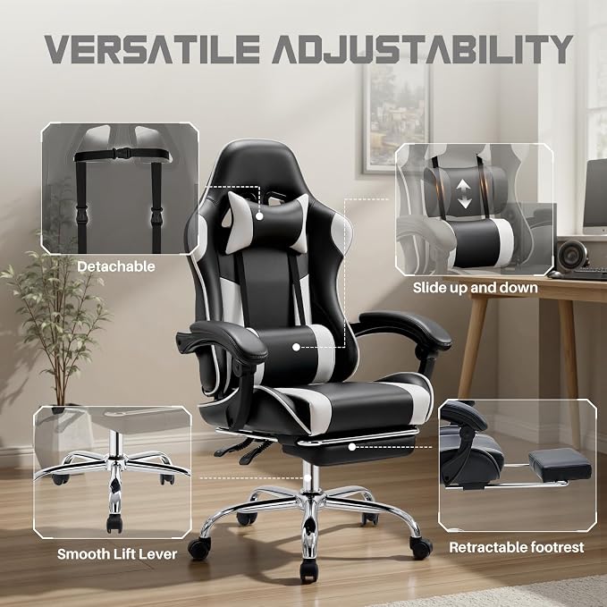 DUMOS Ergonomic Gaming Office Desk Chair with Footrest and Headrest, PU Leather Video Computer Chair with Linkage Armrests, Height Adjustable 360° Swivel Recling, Black White